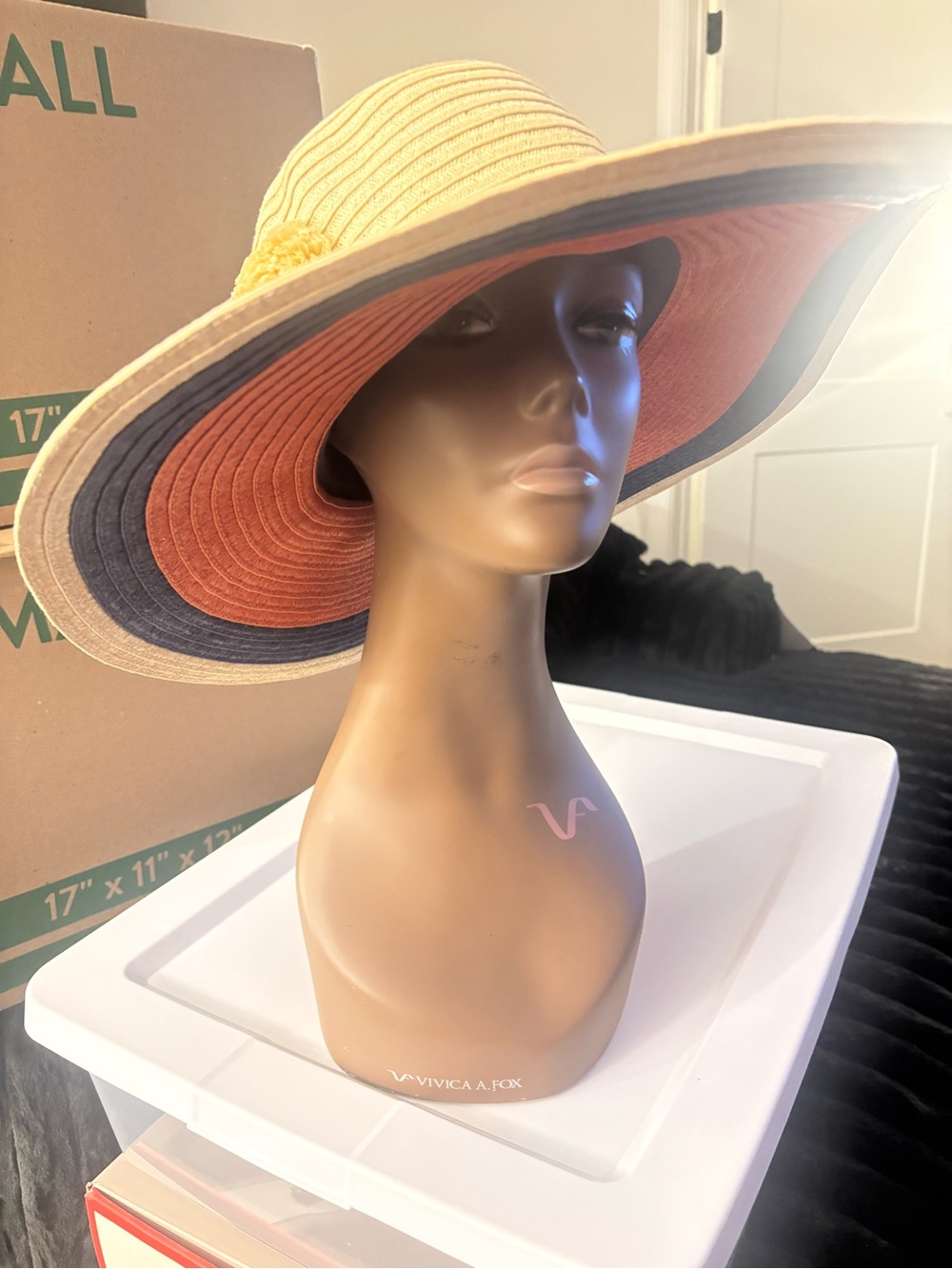 BETMAR Natural Straw Sun Hat with Orange, Beige,& Navy Pom Poms